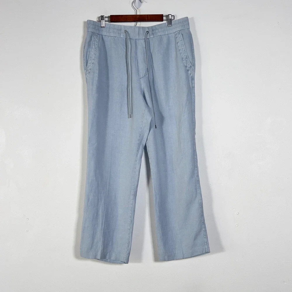 James Perse Linen Drawstring Pants Mens Sz 3 Blue Relaxed Straight Leg
